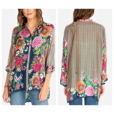 NWOT Johnny Was Jenna Silk Blouse Button Down Top Floral Pink Navy Size Medium