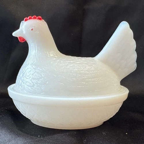 Vintage Indiana Glass White Milk Glass Hen On Nest with Painted Red Details