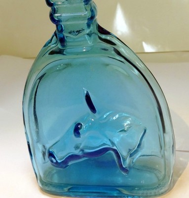 Horse head Booze WHISKEY BOTTLE, BLUE antique