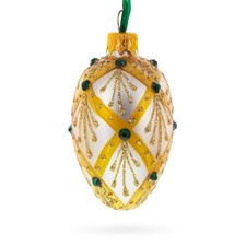 Beige  Emerald Jewel Accented Mini Glass Egg Ornament 2.9 Inches