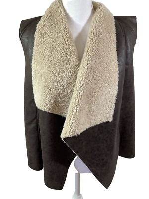 RD Style Vest Women's Sz L Brown Faux Suede Fur Lined Open Front Asymmetric