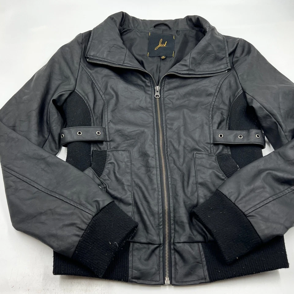 Jaqueta de couro feminina Jack zíper completo tamanho M preta poliéster motociclista comprimento médio - Imagem 2 de 4