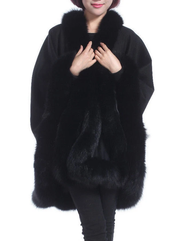 Black Cashmere cape with Fox fur Collar Trim all around one size for all new - Image 2 of 4