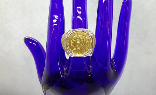 Huge 1915 22K $2.50 Indian Head Coin Ring Set in 14K gold diamonds