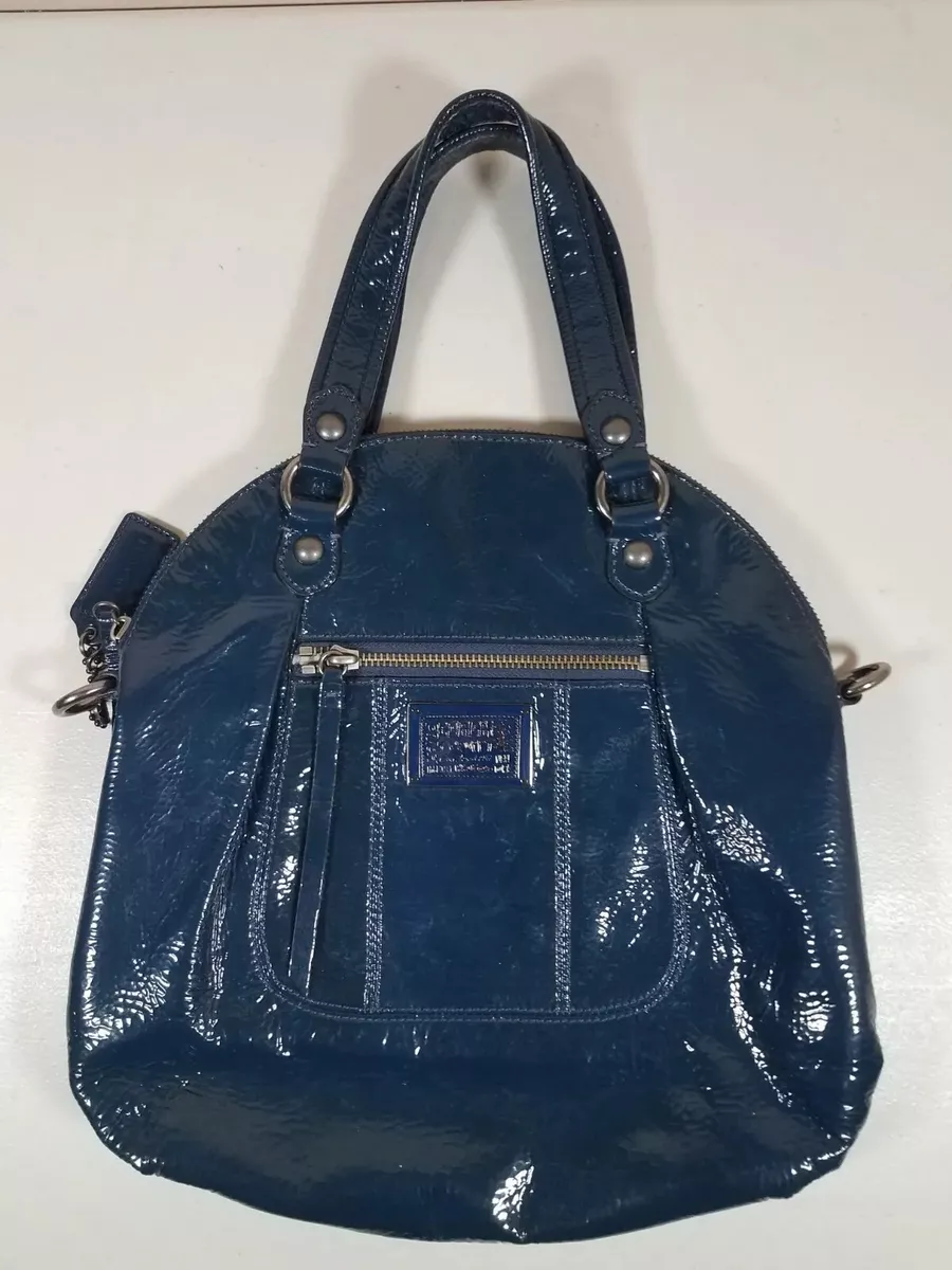 Coach Poppy Blue Patent Leather Adjustable crossbody Purse Leopard Print  Inside | eBay