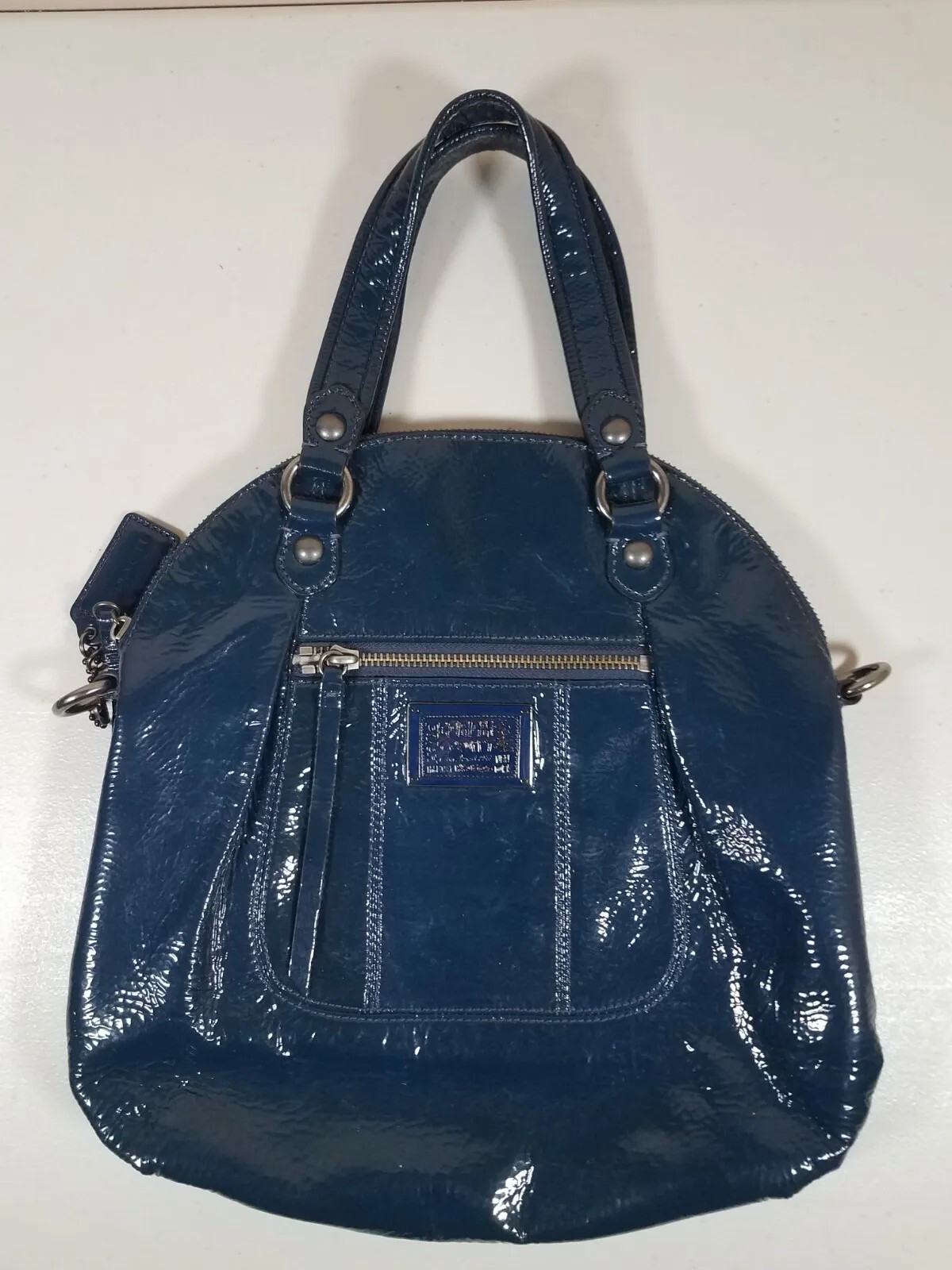 Coach Poppy Patent Leather Handbag Navy Blue Gem