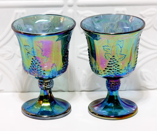 Indiana Carnival Glass Iridescent Blue Goblets Harvest Grape Pattern 2 Vintage