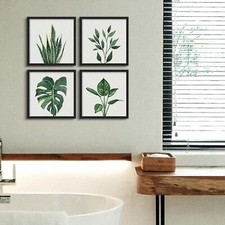 Bathroom Wall Art Set of 4 Botanical Wall Decor Green Plant Picture Frame Prints