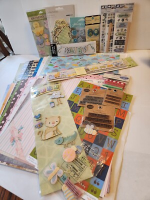 Lot of 55 Loose Sheets Scrapbook Paper 12 Pks of Embellishments Boys Girls New
