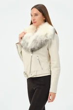 Brand New Women's Beige Genuine Lamb Skin Moto Jacket With Real Fox Fur, Biker