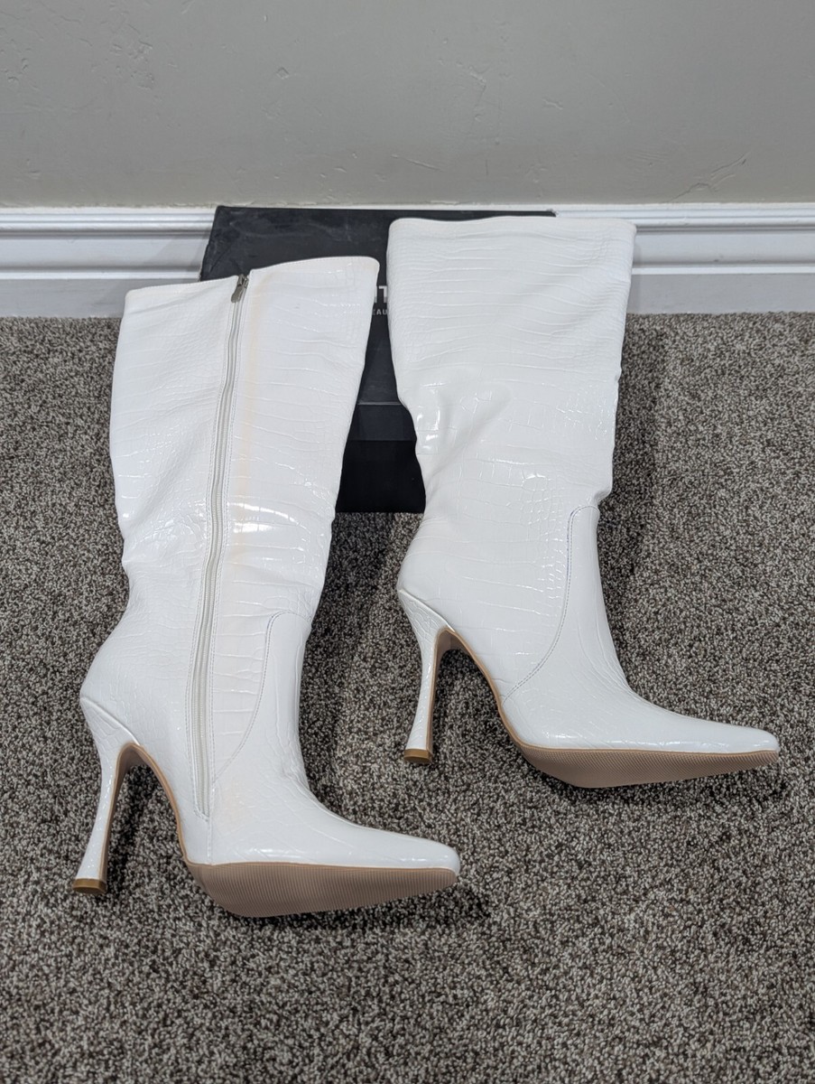 Size Women's Pretty Little Things White PU Croc Pointed Toe Flare HIgh  Heeled