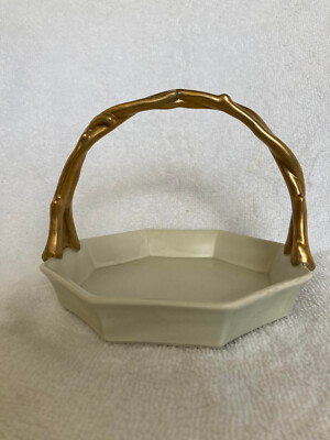 Vintage Fitz & Floyd Basket Dish Trinket Gold 6 Ceramic Porcelain Embossed 1982