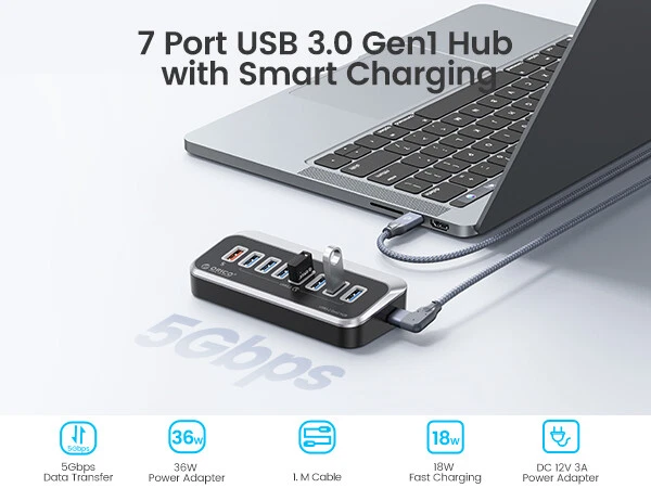 ORICO 4-Port USB 3.0 Hub with 1.64ft USB-C Cable and USB-A Adapter  
