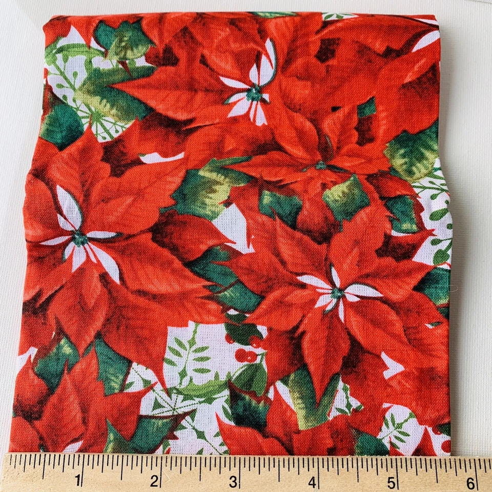 Poinsettias Christmas Fabric Winter Red Green White 100% Cotton 1 Yard x 44" - Image 2 of 4