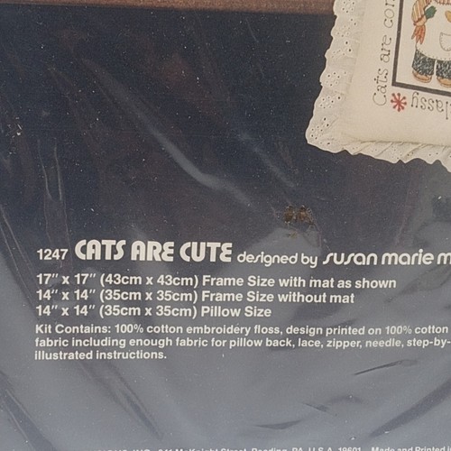Vintage 1982 Dimensions Cats Are Cute Crewel Pillow Kit #1247 Sealed 14" × 14" - Picture 3 of 4