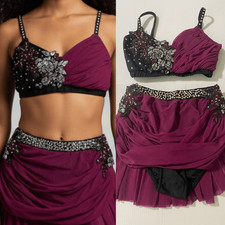 Glamour solo dance costume custom 2 piece burgundy rhinestone skirt top SA adult