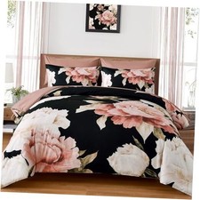 Black Comforter Set 7 Piece Bed in a Bag, Pink Floral Printed Queen Pink Black