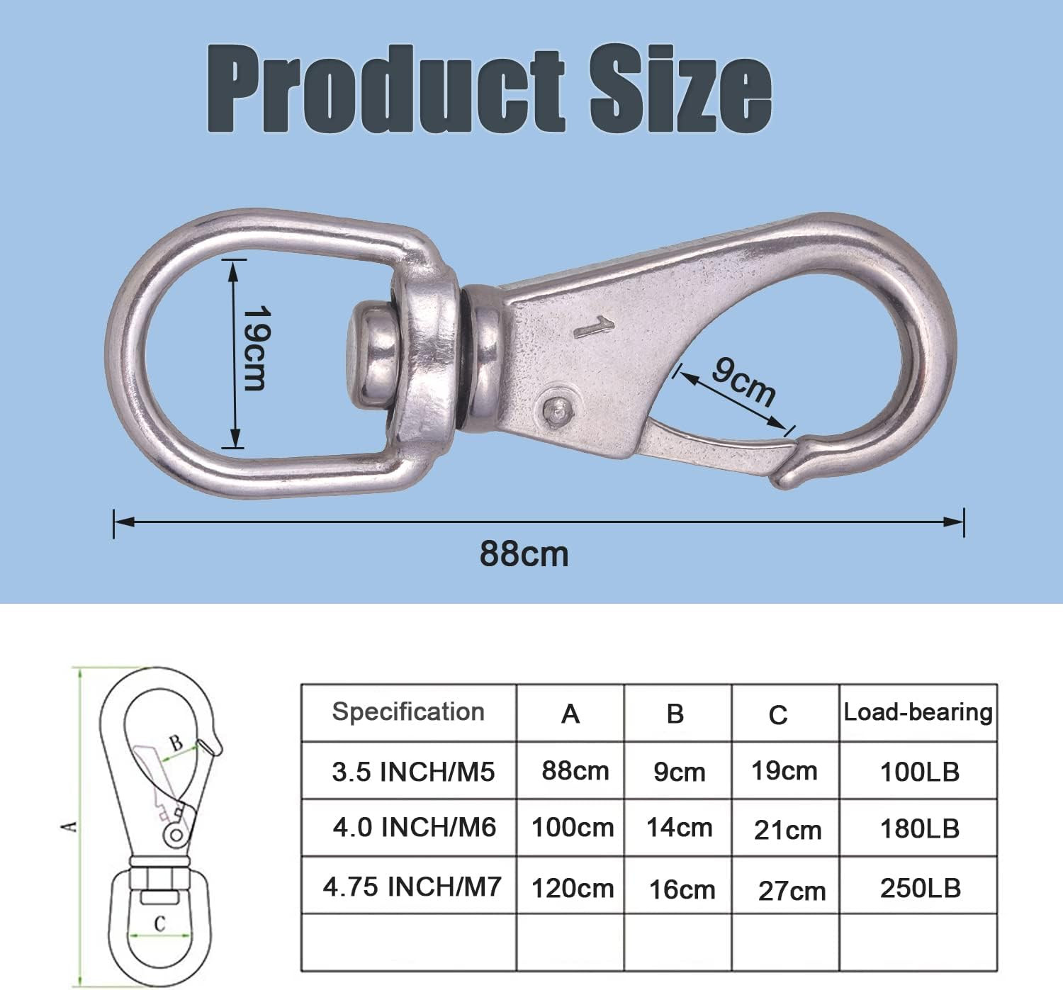 Stainless Steel Swivel Eye Snap Hook, 4 Pack (3.5 Inch) Heavy Duty Scuba Diving 