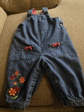 Vintage Ladybugs And Flowers Girls Denim Overalls Toddler Size 24 M 100 Cotton