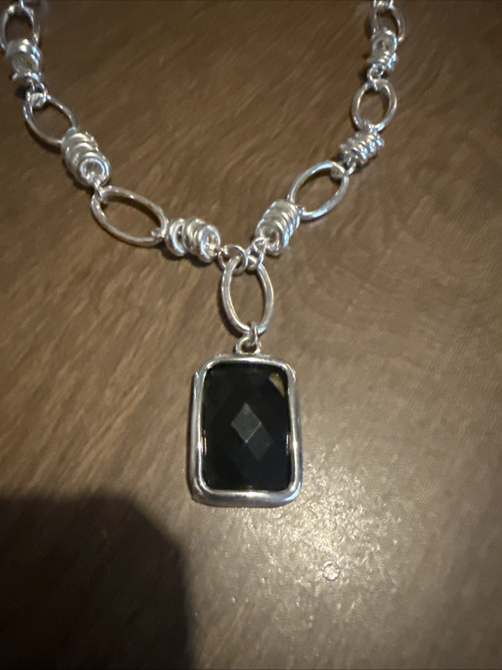 Collar Colgante Grueso Cadena Ónix Negro Tono Plata 16" Foto 3 de 4