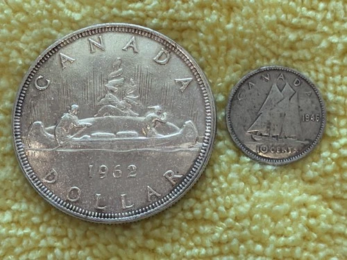 🇨🇦 1962 Canada Silver Dollar & ‘46 Dime 80% Voyageur Queen & King 🍁