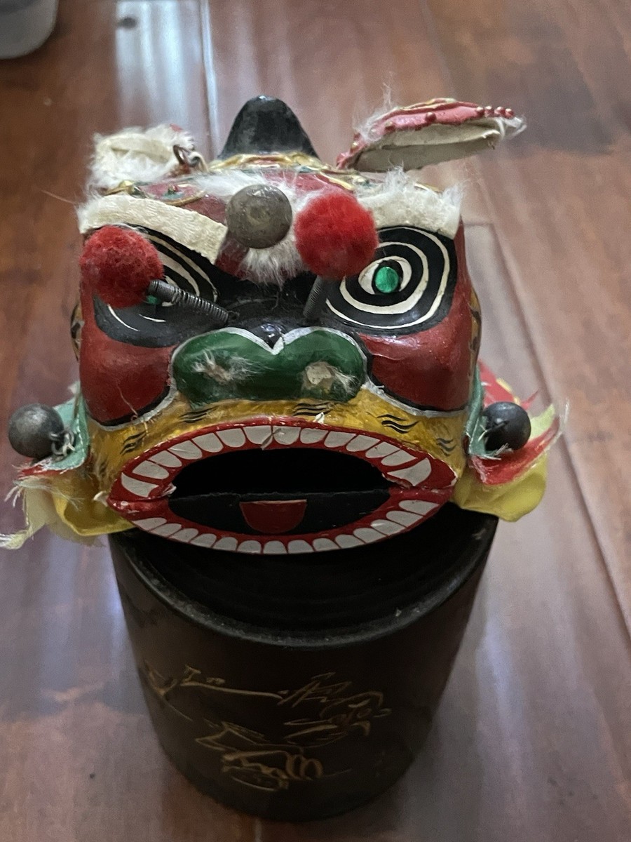 Vintage Chinese Lion Dance Head Puppet Mask Folk Art Papier Mâché