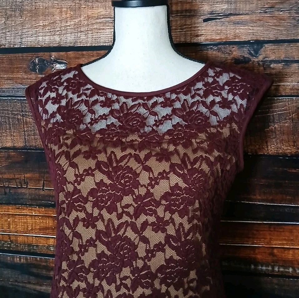 Vestido Connected Apparel Talla 8 Funda Pequeña Vino Desnudo Encaje Superposición Elastizada Cremallera Foto 4 de 4