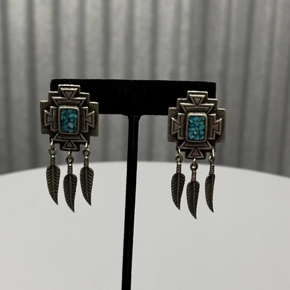 Brinco pendurado de penas com incrustação turquesa sudoeste estilo boho ocidental tribal - Imagem 3 de 4