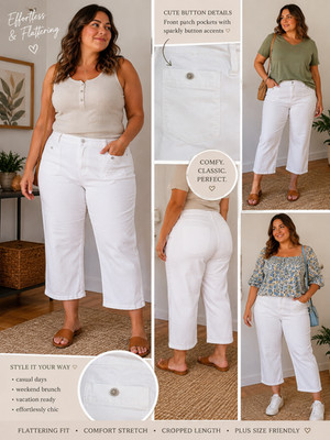 CeCe Women 22W White Flared Crop Jeans Rhinestone Button High Rise Stretch