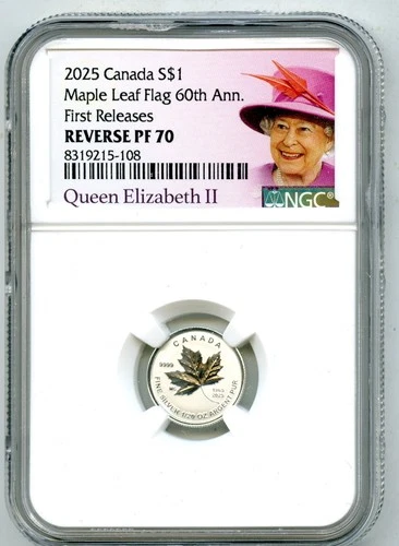 2025 $1 1/20 OZ SILVER CANADA MAPLE LEAF FLAG 60TH NGC PF70 QUEEN ELIZABETH - FR