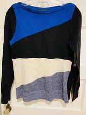 ANN TAYLOR Boatneck Color Block Sweater Black Navy Ivory Cream Size Small