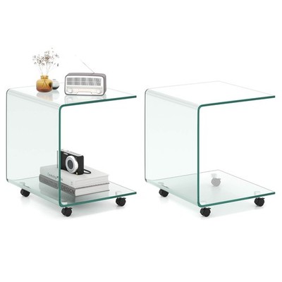 2PCS C-Shaped End Table w/2-tier shelf, 4 Swivel Lockable Wheels for Living Room