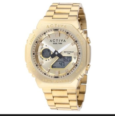 195 activa dual time gold analog & digital sports chronograph metal bracelet 