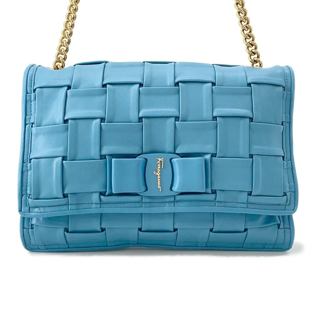 Ferragamo — Ferragamo VIVA BOW Vara Ribbon Chainshoulder Bag Leather Light Blue 21I446