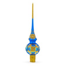 Jeweled Golden Leaves on Blue Blown Glass Tree Topper 11 Inches