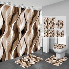 4PCS Bathroom Sets with Shower Curtain and Rugs, Abstract Striped Shower Brown
