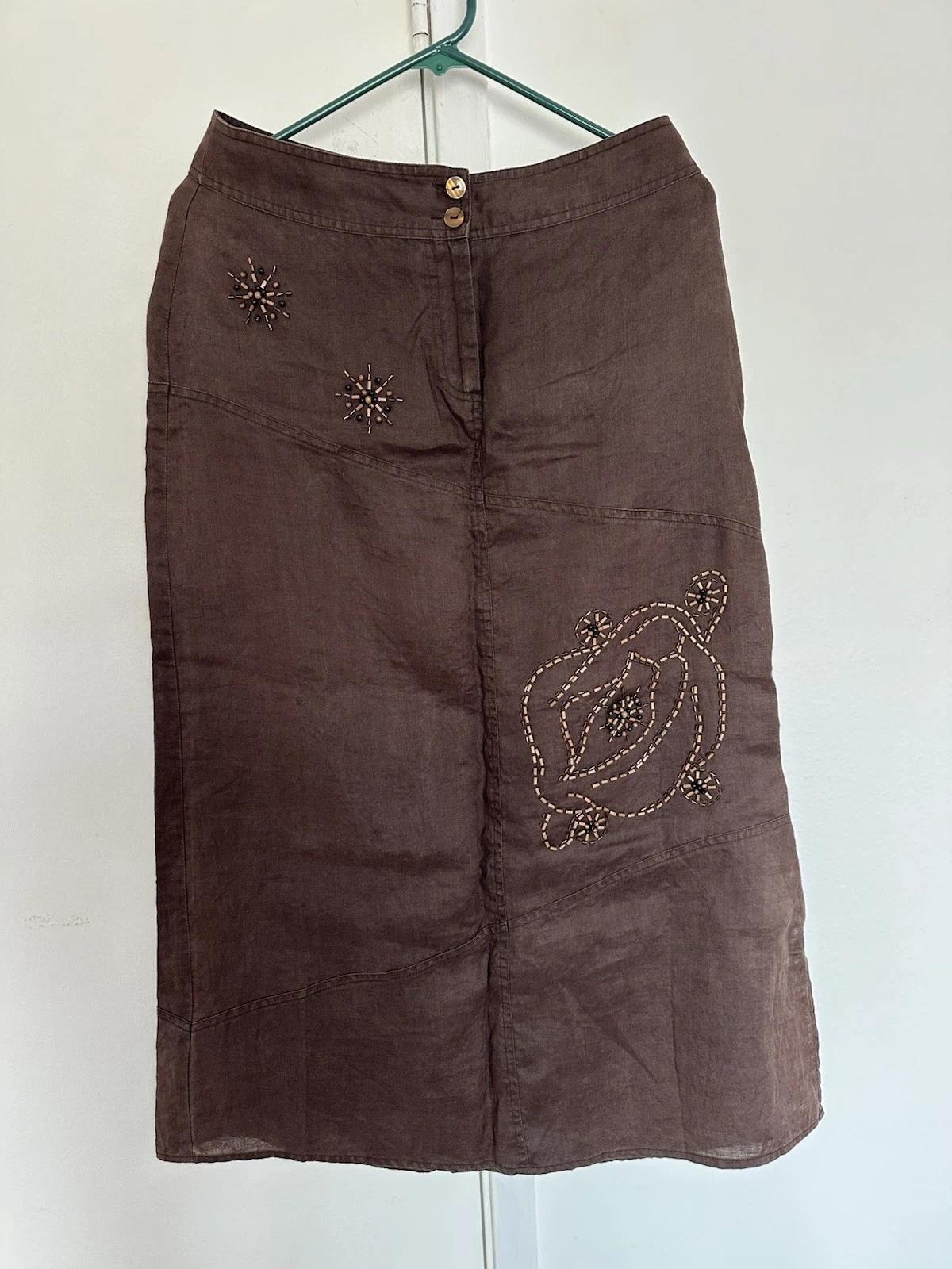 Women’s Linen Cotton Blend Brown Slit Skirt handmade embroidered Size M