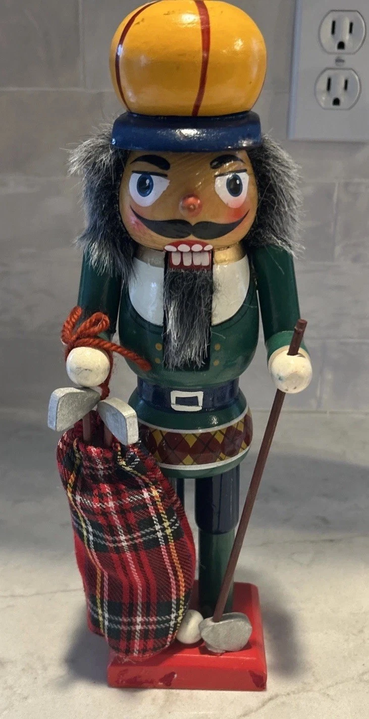 Wooden Nutcracker Scottish Golfer with Clubs 12”