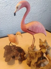 Pink Flamingo Carved & Resin John Perry Flamingo Wood Blocks Set Vintage Pair 