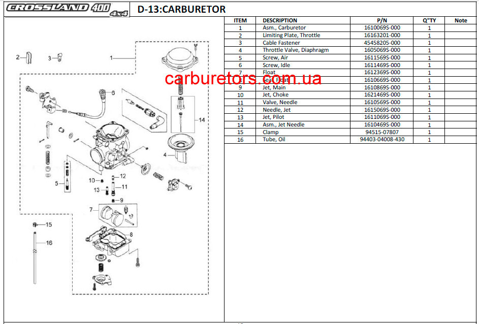 AEON Cobra Crossland 400 carburetor 1610069S-000. New, Genuine