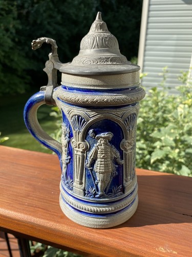 VINTAGE ~ BLUE SALT GLAZED BEER STEIN ~ ORNATE DESIGN AND DETAIL ~ 0.5 LITER - 第 1/10 張圖片