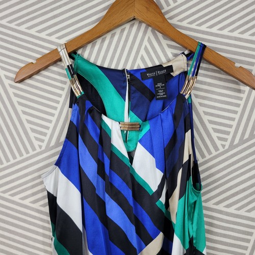 White House Black Market Silk Size 8 Shirt Top event party career Geometric Blue - Picture 3 of 7
