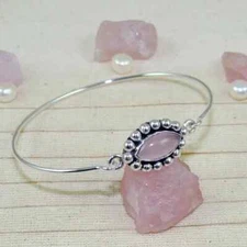 Pink Rose Quartz Bangle Sterling Silver Handmade Cuff Bangle Women A 10