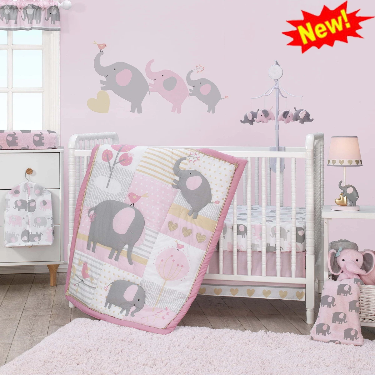 3 Piece Elephants Crib Bedding Set Pink Gray White Fully