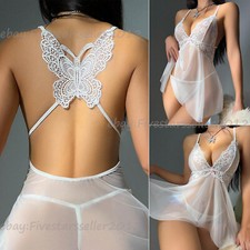 Contrast Lace Mesh Babydoll Slips with Thong Womens Sexy Lingerie Sleepwear Gift