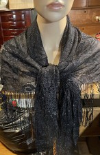 Beauiful Black woven shawl Fringed With Silver Metallic Accents