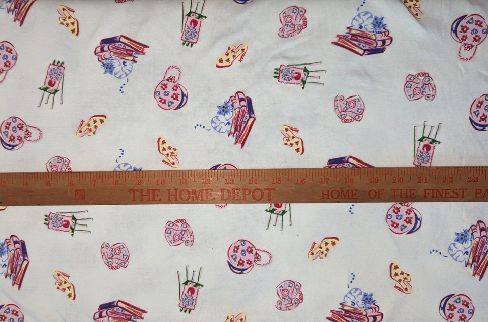 So Fun! Cats Books Shoes Phones White Cotton Ribbed Knit Fabric 80"L x 60" W Pc - Image 3 of 4