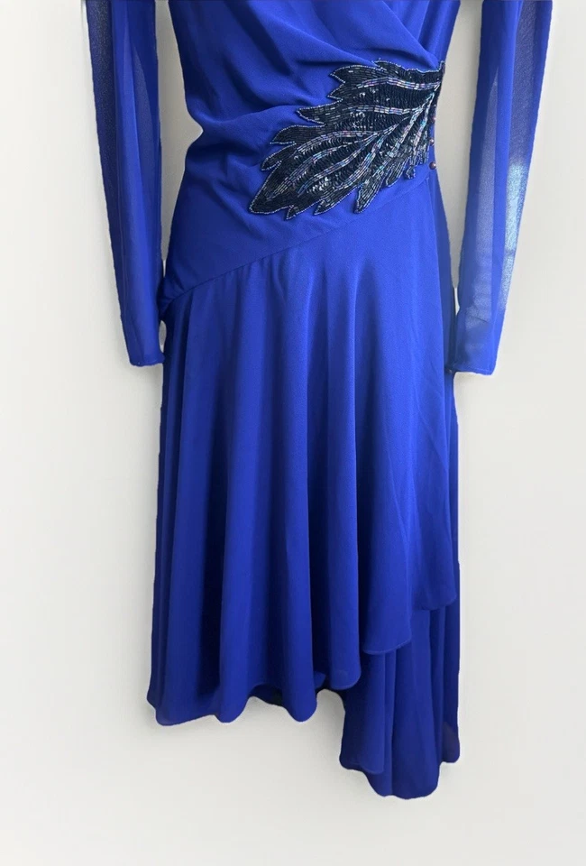 Vestido midi vintage años 80 Casadei azul manga larga con cuentas lentejuelas cintura ajuste estilo 10 Foto 3 de 4