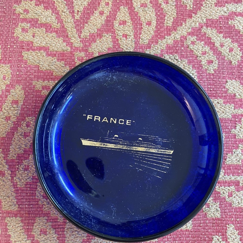 VTG SS France Ocean Liner Cobalt Blue gLass IVOREX? Trinket Coin PINTray Dish