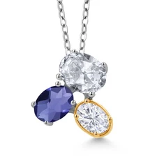 925 Silver and 10K Yellow Gold White Topaz Blue Iolite and White Moissanite